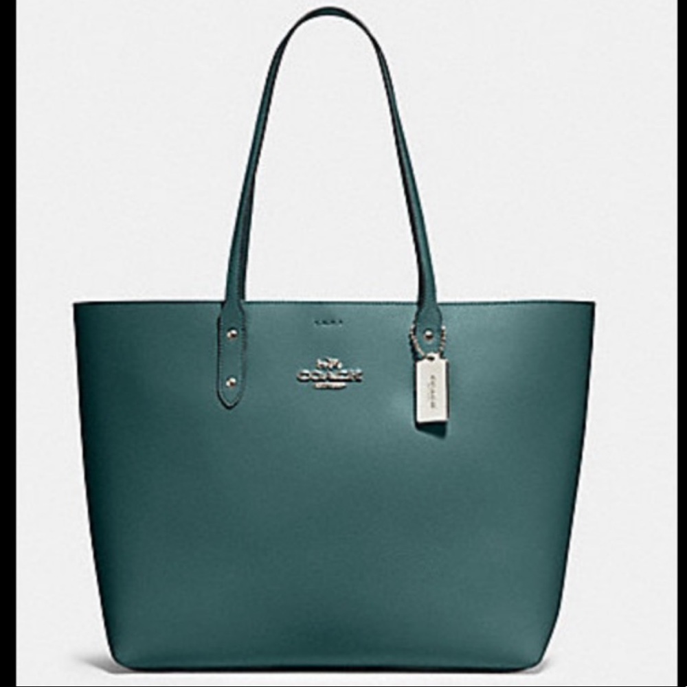 Coach leather town leather tote in dark turquoise new